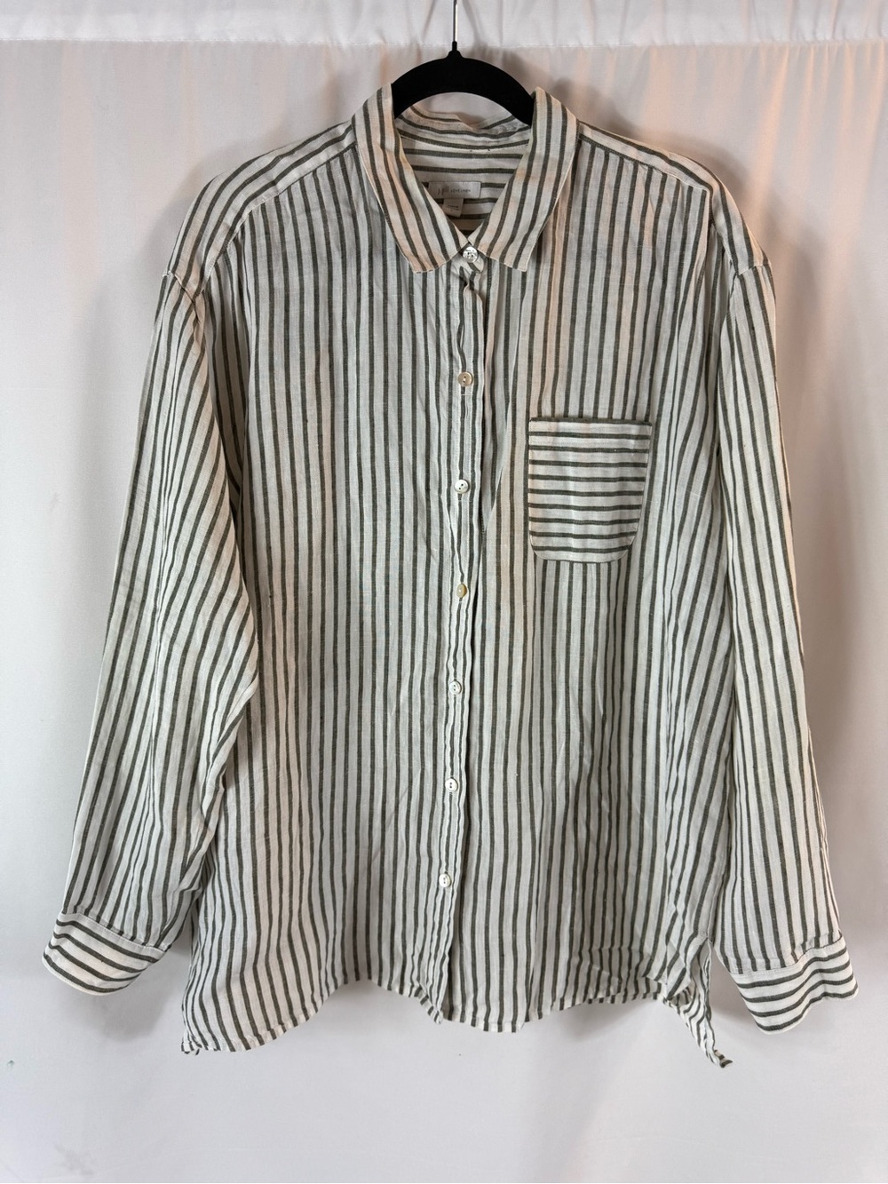J.Jill Love Linen Button Up Tunic Long Sleeve Striped Silt Sides Oversize Sz:L